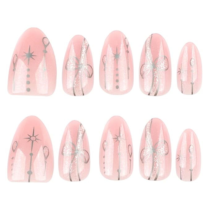 Pink & Silver Press on Nails Short Almond Fake Nails Silver Star Bow Nail Art Design False Nails Press ons for Women Manicure,Glossy Finish | Reusable | Nail Kit with Jelly Adhesive Tabs | 24 Pcs