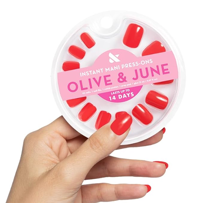 Olive & June Instant Mani Press-On Nails (Glue) | 42 Fake Nails, 21 Sizes | Non-Toxic, Long-Lasting Recycled Materials Realistic Look | Salon-Quality at Home | Short, Squoval | CV Cherry Red