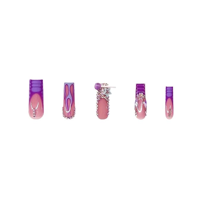 Square Press on Nails Long Fake Nails French Tip Glue on Nails Press ons with Rhinestones Designs Acrylic Nail Y2K False Nails with Charm Artificial Nail for Women 24Pcs