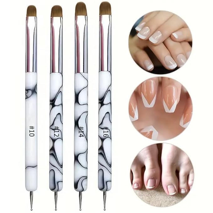 4Pcs French Tip Brush, Double-Ended French Brushes for Nails with Dotting Tool, Clean Up Brush for Gel Nail Polish, Size 10/12/14/16, Acrylic Nail Art Brushes, Manicure Tools for Nail Design-White