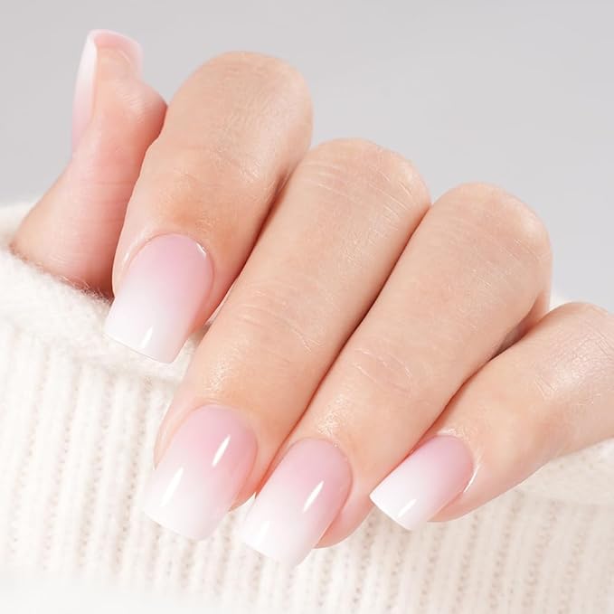 Light Pink Ombre Press On Nails Short Square, Gradient French Tip Designer Fake Nail Reusable Real Acrylic Nails for Women, Glossy Soft Gel False Nail with Glue On Nails,Wedding Stick On Nail