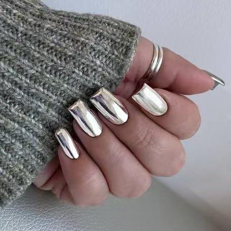 Silver Press on Nails Short Square Fake Nails Metal Chrome False Nails Press ons Glossy Silver Mirror Acrylic Nails Full Cover Holographic Metal Chrome Glue Stick on Nail for Women Manicure 24pcs