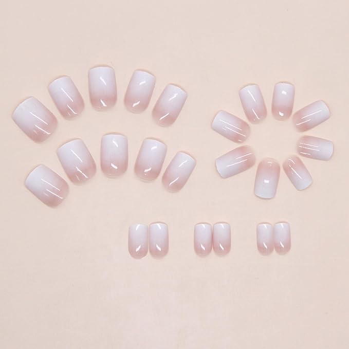 Ombre Press on Nails Short Square Fake Nails Nude White Gradient False Nails Press ons-Reusable Glossy Artificial Nail Full Cover Stick on Nails for Women Manicure 24Pcs