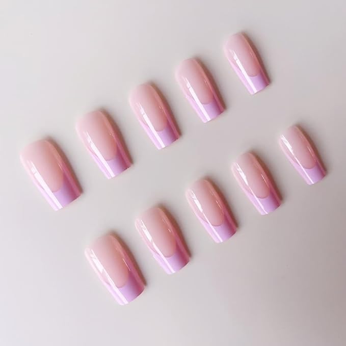 48Pcs Pink French Tips Press on Nails Glossy Pink Press on Toenails Short Square Fake Toenails with Designs Reusable Full Cover False Toenails Glossy Summer Fake Nails for Women Girls Manicure