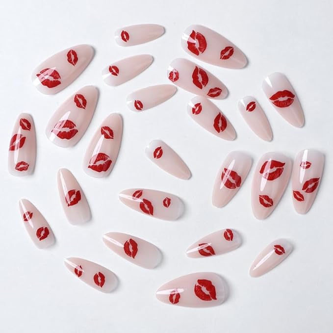 Almond Press on Nails Medium Valentine's Day Fake Nails Red Lipstick False Nails Glossy Full Cover Glue on Nail Reusable Acrylic Nails for Women Manicure 24Pcs
