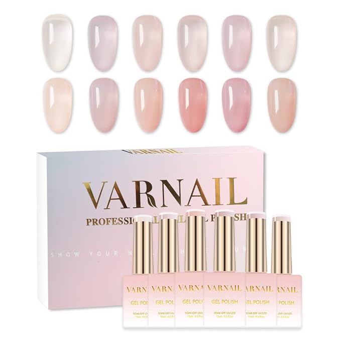 VARNAIL Moisturized Skin Jelly Nail Polish Kit 6 Colors 15 ml, Translucent Nude Neutral Color Sheer Gel Polish, Salon Quality Soak off UV Light Nail Polish