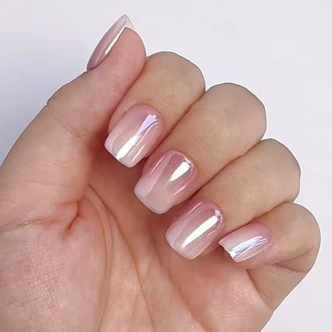 Ombre Press on Nails Short Square Fake Nails Chrome False Nails Press ons for Nude Gradient Manicure Reusable Artificial Nail Full Cover Glossy Glue on Nail Stick on Nails for Women 24 Pcs