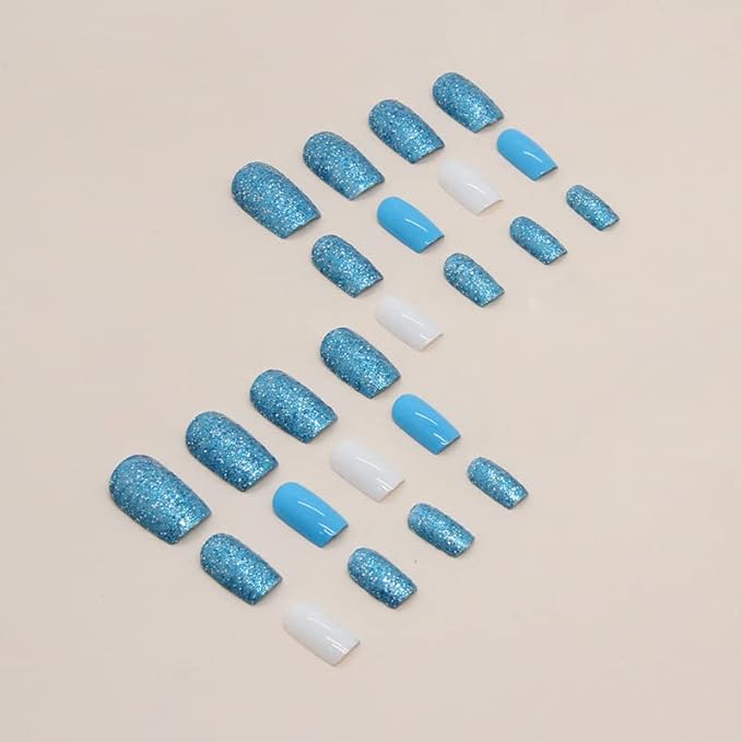 Blue Press on Nails Medium Square Fake Nails Glitter Nails Press ons with Design Reusable Artificial Nail Glossy Full Cover Glue on Nail Stick on Nails for Women Manicure 24Pcs