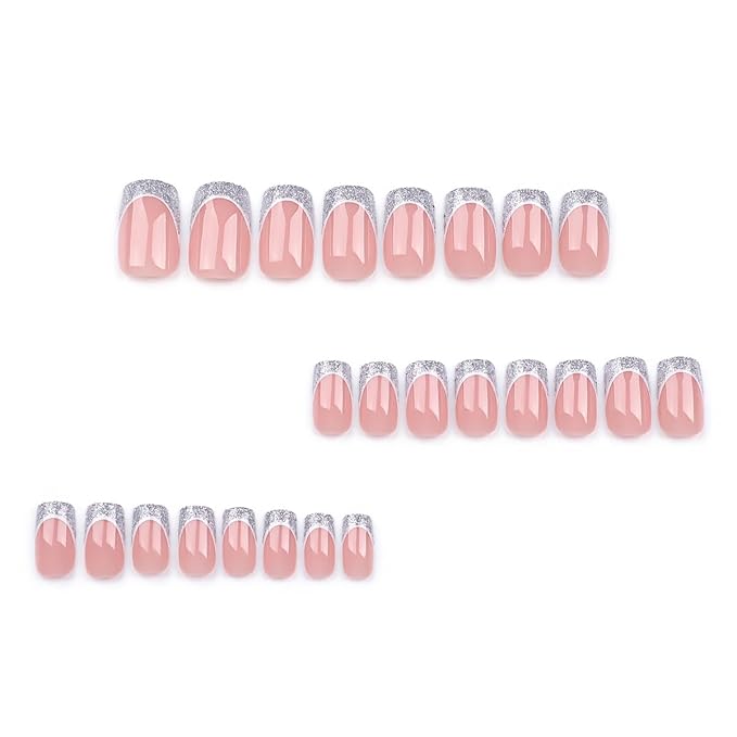 Silver French Tip Press on Nails Medium Square Fake Nails Nude Pink False Nails Stick on Nails Glitter French Glue on Nails Design Full Cover Artificial Artificial Nails for Women Manicure Salon 24Pcs