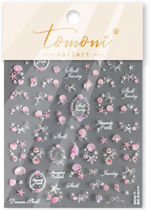 Ocean Nail Stickers 3D Self-Adhesive Pink 5D Embossed Pearl Seashell Starfish Nail Decals Flower Nails Supplies Star Bow Nails Designs Summer Nail Art Decoration for Women DIY Manicure 1 Sheet
