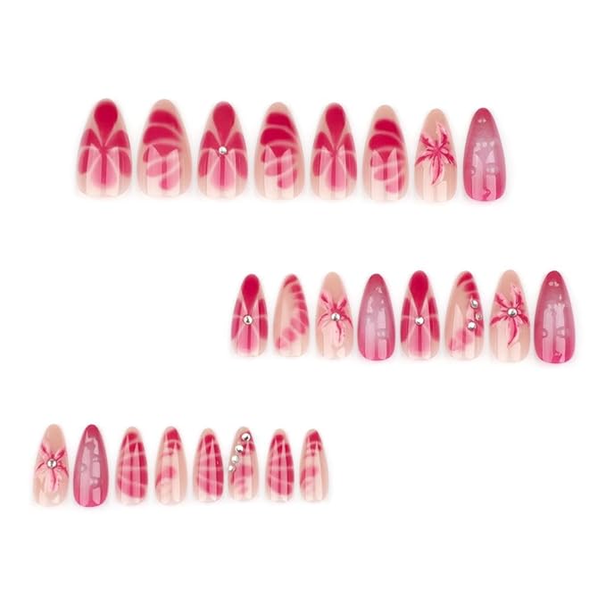 Ombre Pink Press on Nails Medium Almond False Nails with Rhinestone Charm Design 3D Flower Stick on Nails Glossy Summer Fake Nails Reusable Handmade Glue on Nails for Women Girls Manicure 24Pcs