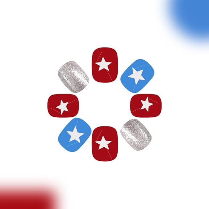 Independence Day Press on Nails Short Square Fake Nails with White Star Designs Full Cover Blue Red False Nails Glossy Glitter Acrylic Nail 4th of July Glue on Nail for Women Girls Manicure 24Pcs