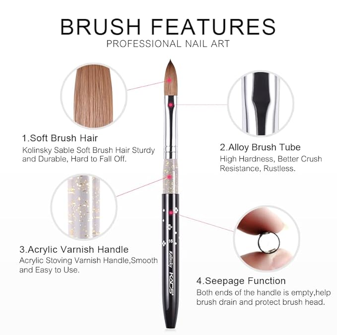 Size 16# Black 100% Kolinsky Sable Acrylic Nail Art Brushes UV Gel Nail Painting Pen Brushes (Size 16)