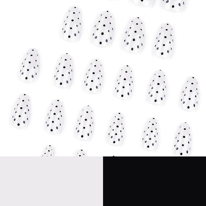 White Press on Nails Medium Almond MABKJLF Fake Nails False Nails with Black Polka Dots Designs Glossy Glue on Nail Reusable Full Cover Acrylic Nails for Women Girls 24Pcs