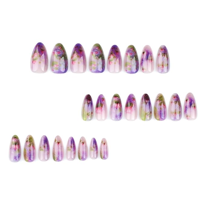 24Pcs Almond Press-On False Nails with Pink Lotus Flower Design, Glossy Purple Gradient Acrylic Artificial Nails for Women Manicure Salon