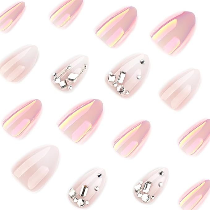 Almond Press on Nails - Short Fake Nails White Ombre Nails Press ons with Rhinestone Accents Design, Glossy Acrylic Nails Full Cover Artificial Glue On Nails for Women Manicure 24Pcs
