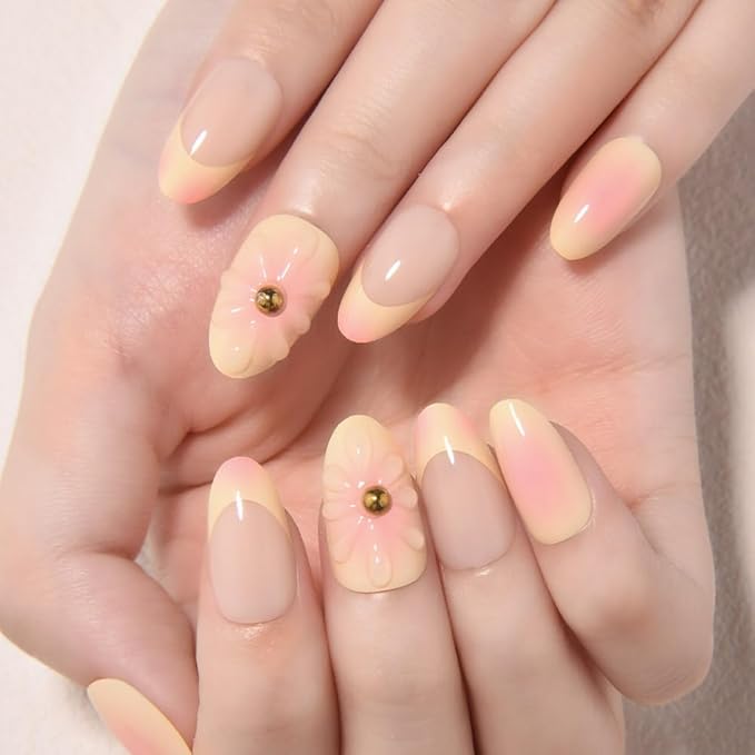 3D Ombre Yellow Press on Nails Short Almond, Peach to Yellow French Glossy Press Stick on Nails for Women Gift with Kit, Reusable Soft Gel Stick on Acrylic Fake Nail with Ombre Designs Perfectly Fit