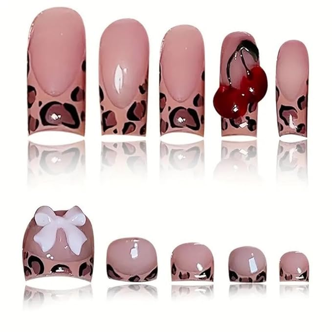 48Pcs Leopard French Tip Press on Toenails Pink Press on Nails Medium Square Fake Nails with 5D Pink Bow Charms Design Glossy Skin Tones Fake Toenails 3D Cherry False Nails for Women DIY Manicure