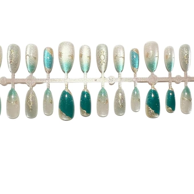 Medium Press on Nails Almond Glue on Nails with Cat Eyes Design Green Cat Eye Fake Nails 5D Gold Lines False Nail Glossy Ombre Green White Acrylic Stick on Nail for Women 24Pcs