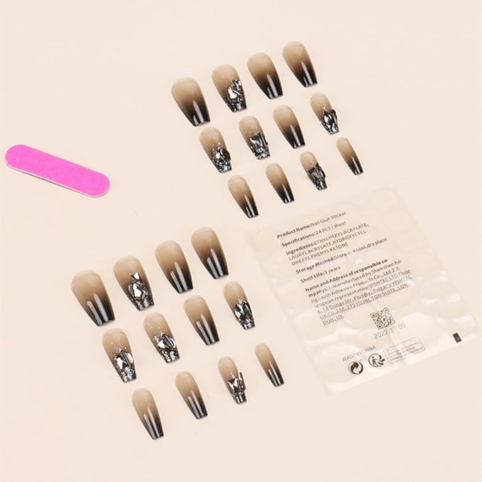 Press-On Nails, Mid-Length Midnight Black False Nails with Silver Diamonds for Fashionable Personalized Temperamental and Girls and Women Fake Nails 24pcs (with Free ToolKit)