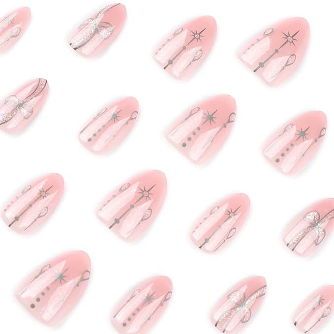 Pink & Silver Press on Nails Short Almond Fake Nails Silver Star Bow Nail Art Design False Nails Press ons for Women Manicure,Glossy Finish | Reusable | Nail Kit with Jelly Adhesive Tabs | 24 Pcs