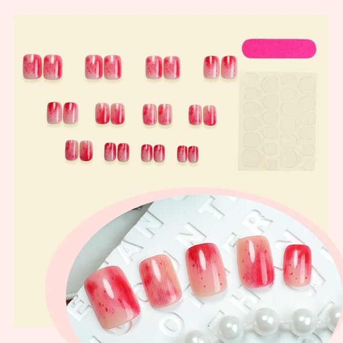 Press on Nails Square Short Fake Nails Press ons Nail Art Tips Artificial Acrylic Nail Set Full Cover False Nail with Red Apple Gradient Designs Stick on Nails for Women 24Pcs