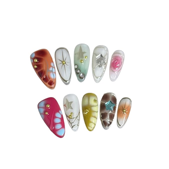 10 Medium Almond Handmade Press On Nails | Y2K Aesthetic Colorful Abstract Fake Nails with Marble, Star & Gold Studs |Reusable Salon Quality(5U01, M)