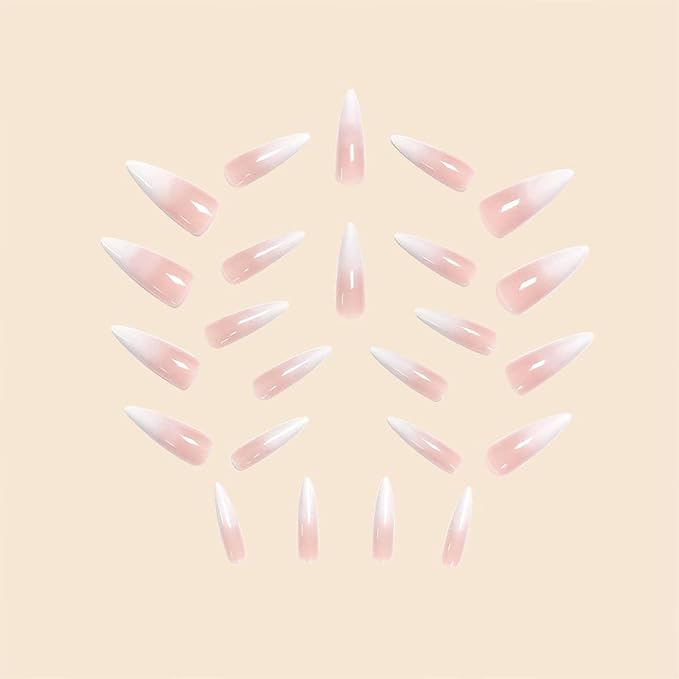Pink White Ombre Press on Nails Long Stiletto Fake Nails with Gradient Designs Simple Glue on Nails Cute Acrylic Nails Press ons Glossy Stick on Nails for Women Girls 24 Pcs