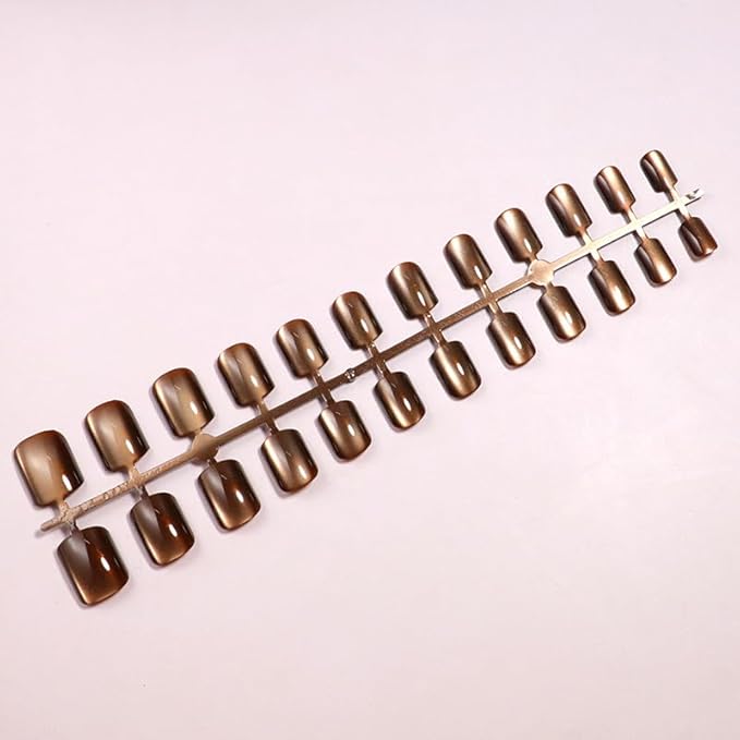 Brown Press on Nails Short Square Fake Nails Glossy Cat Eye False Nails with Shiny Solid Color Acrylic Nails Chrome Glue on Nail for Women Manicure Decoration 24Pcs