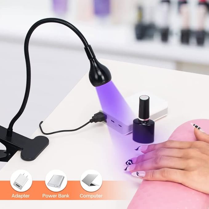 UV Light for Gel Nails 3W UV Nail Lamp, with Gooseneck, 4 Levels Dimming, 365+395nm Wavelength, Portable Clamp with USB Charge, for Decoration DIY at Home Salon Manicure