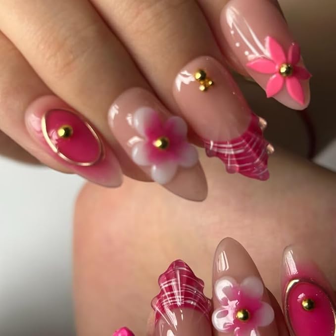 10Pcs Press On Nails Handmade Almond Shaped Fashionable Nail Art for Women, 3D French Floral Fake Nails, Reusable Artificial False Nails Pink Acrylic Nails Kit (Size M)