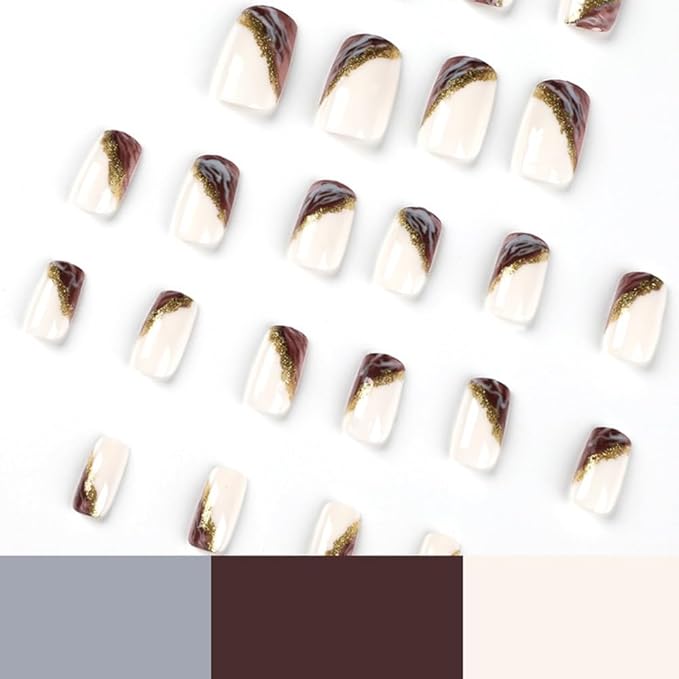 Square Press on Nails Medium Fake Nails French False Nails with Marble Designs Glue on Nails Full Cover Gold Foil Stick on Nails Glitter Glossy Acrylic Nails Artificial Nails for Women Manicure 24Pcs