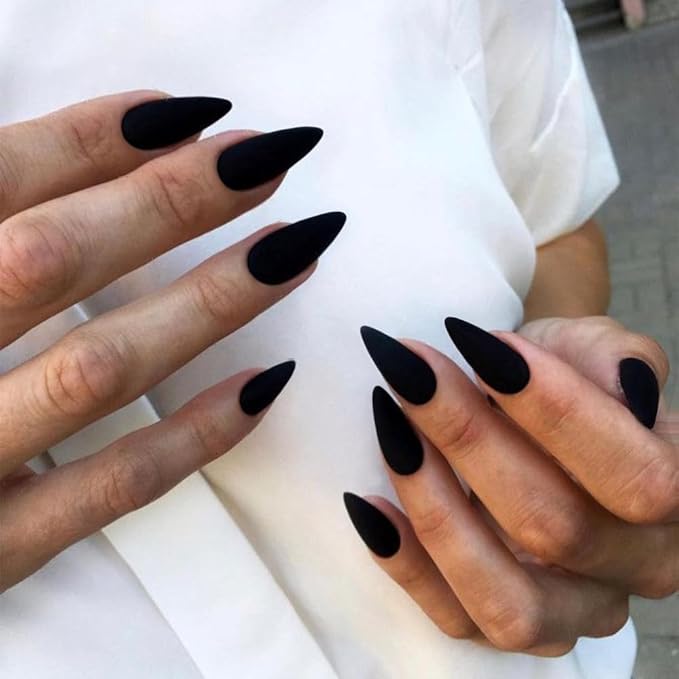 Matte Black Press on Nails Almond Shaped 48Pcs Neutral Fake Nails for Women, Medium Almond Nails Press on Reusable Acrylic Nails Glue on Medium Length Stiletto False Nails Gel Artificial Nails