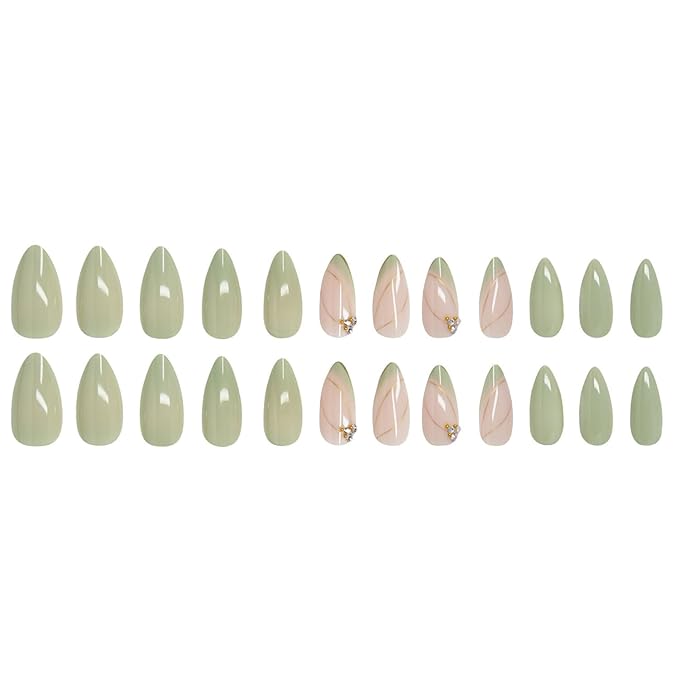 Almond Press on Nails Medium - Green Fake Nails with Gold Line Design - Full Cover Stick on False Nails for Women 24 Pcs