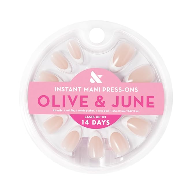 Olive & June Instant Mani Press-On Nails (Glue) | 42 Fake Nails, 21 Sizes | Non-Toxic, Long-Lasting Recycled Materials Realistic Look | Salon-Quality at Home | Medium, Almond | Iconic French