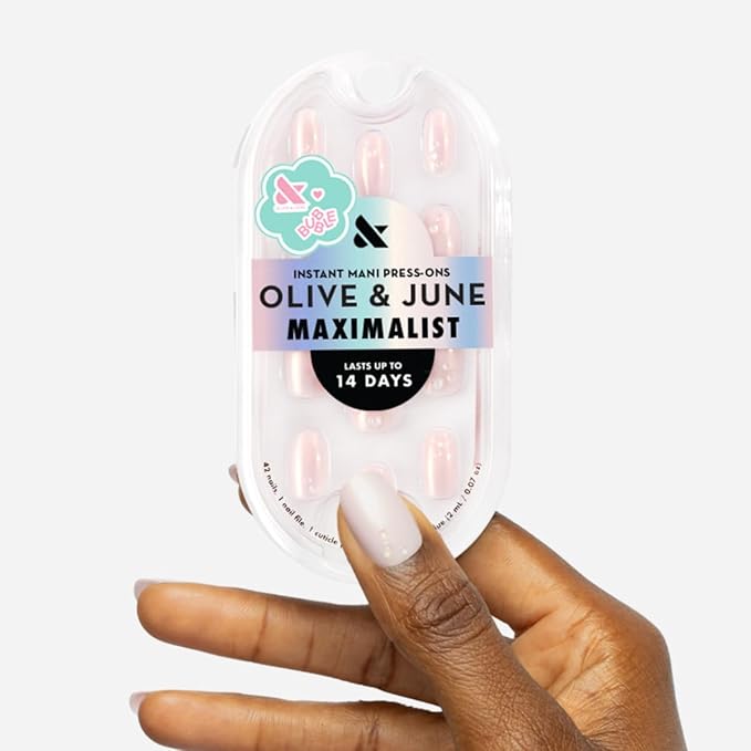 Olive & June Maximalist Instant Mani Press-On Nails (Glue) | 42 Fake Nails, 21 Sizes | Non-Toxic, Long-Lasting Big, Bold Gorgeous Realistic Look | Short, Round | Pink Bubble Pearlescent