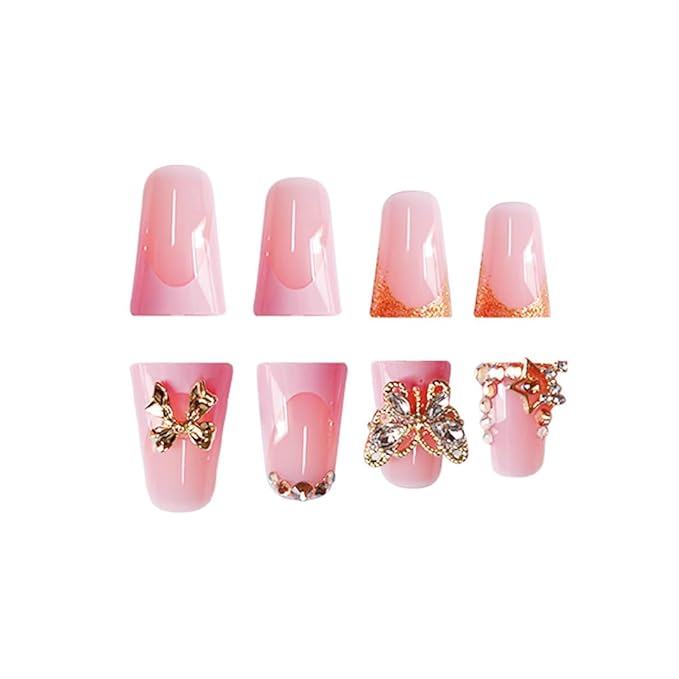 Pink French Tip Press on Nails Short Duck Fake Nails with Design 5D Butterfly Glue on Nails Rhinestone Bow False Nail Artificial Acrylic Full Cover Glossy Stick on Nails for Women Manicure 24Pcs