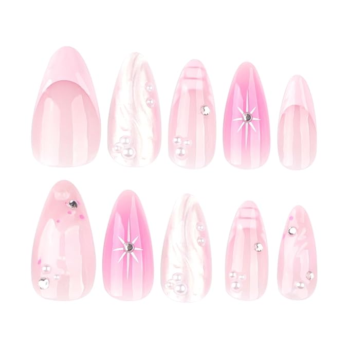 Medium Press on Nails Almond Fake Nails French False Nails Ombre Artificial Nails with Pearl Designs Acrylic Nails Press ons Pink Stick on Nails for Women 24pcs