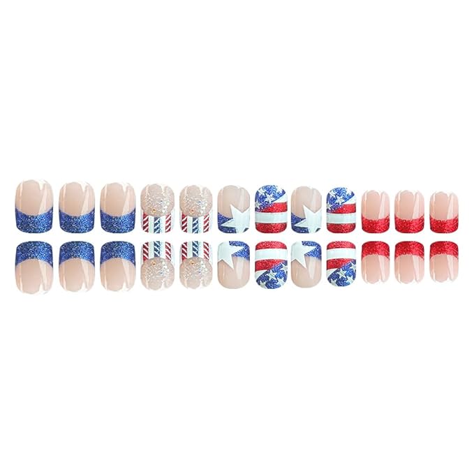 24Pcs Short Square Press on Nails Independence Day Nails Press ons Stripe Patriotic French Tip False Nails with Red Glitter Designs Five-Pointed Star Glue on Nails for Women 4th of July