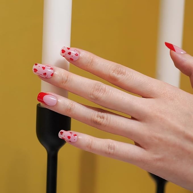 Semi Cured Gel Nail Strips Valentines Day Red Heart Gel Nail Wraps Gift for Women UV Light Required Nail Art Stickers Pegatinas Uñas Nail Decals Nails Sticker