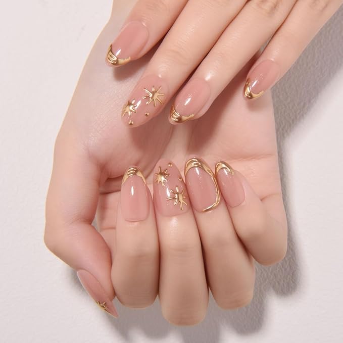 evpct 3D Gold Line French Tip Press On Nails Short Almond with Bohemia Star, Glitter Nude Gold Stick on Gel Nail with Designs, Handmade Press on Nails for Women Gift Reusable, Gel Acrylic Fake Nail