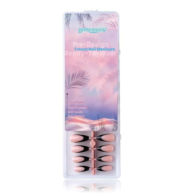 Lamemoria 240pcs Pre-Design Basic Black UV Gel French Nail Tips, Medium Long French Tip Press On Nails Almond, Nude Pink Base Salon Fake Nails Set Kit With Glue/Tabs