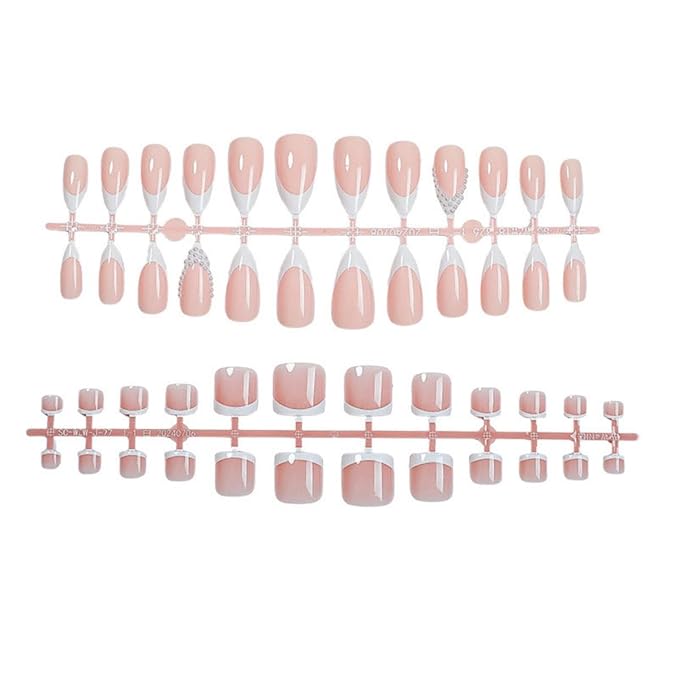 48Pcs White French Tip Press on Toenails Press on Nails Medium Almond Fake Nails with Design Pearl Glue on Nails Nude False Nails Glossy Reusable Summer Nails Toenails for Women Manicure