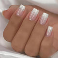 White Gradient Glitter Press on Nails Short Square Fake Nails Nude Glitter False Nails Full Cover Nude Sparkly French Glossy Acrylic Nails for Women and Girls DIY Manicure Decoration 24Pcs
