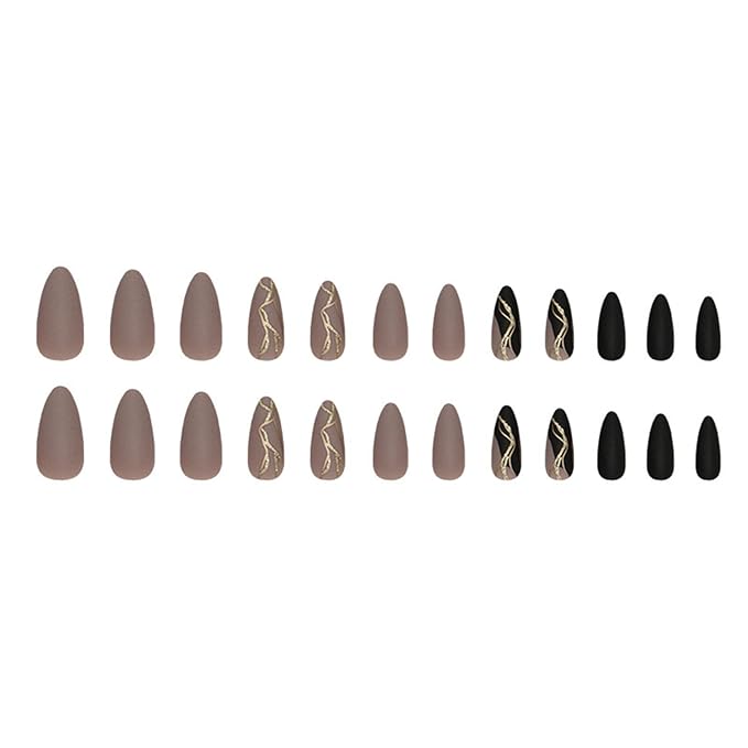 Almond Press on Nails Medium Fake Nails with Designs Brown Black False Nails Press ons Gold Foil Matte Full Cover Acrylic Glue on Nails Cute Artificial Stick on for Women Decorations 24Pcs