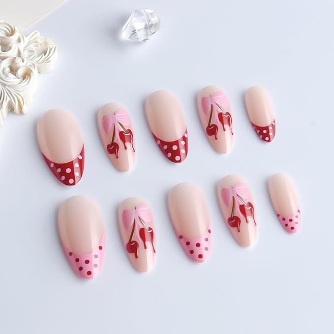 French Tip Press on Nails Almond - Medium Fake Nails with Cherry Polka Dot Design - Pink Red False Nails Press ons - for Women 24 Pcs