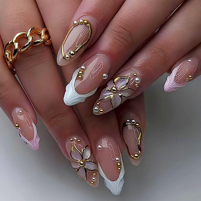 Almond Press on Nails Long Fake Nails White Artificial Nail 3D Flowers and Gold Charm Designs Pearl Stick on Nail for Women 24pcs