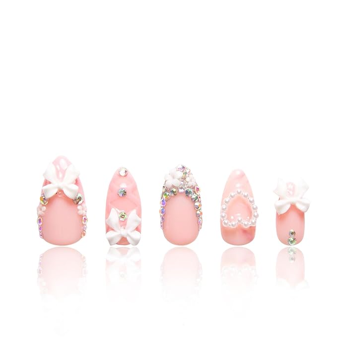 LOVFUL Press on Nails Vintage Shortcake | Handmade with Full Covered Crystals | Reusable Fake Nails | Almond Regular 1.0 in | H187-S