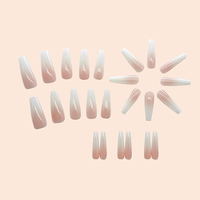 24Pcs French Tip Press on Nails RTKHFZE Extra long Ballet False Nails Coffin Full Cover Fake Nails with Jelly White Gradient Designs Acrylic Nails Press Ons Stick on Nail for Women Manicure