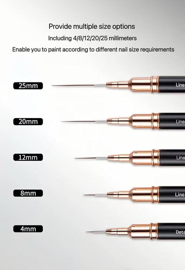 Metallic Nail Art Liner Brushes Set, Nail Art Dotting Tool, 5 pcs UV Gel Polish Painting Tool for Long Lines,Thin Details,Fine Drawing,Nail Art Pen for DIY Nail Art, Size 5/8/12/20/25mm